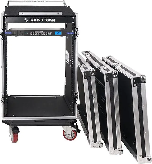 Alt view image 2 of 7 - Sound Town PA DJ Combo with 16U Rack/Road ATA Case w/Slant Mixer Top, DJ Work Table, One 10 Outlet AC Power Conditioner/Sequencer (STMR-16TPS10)