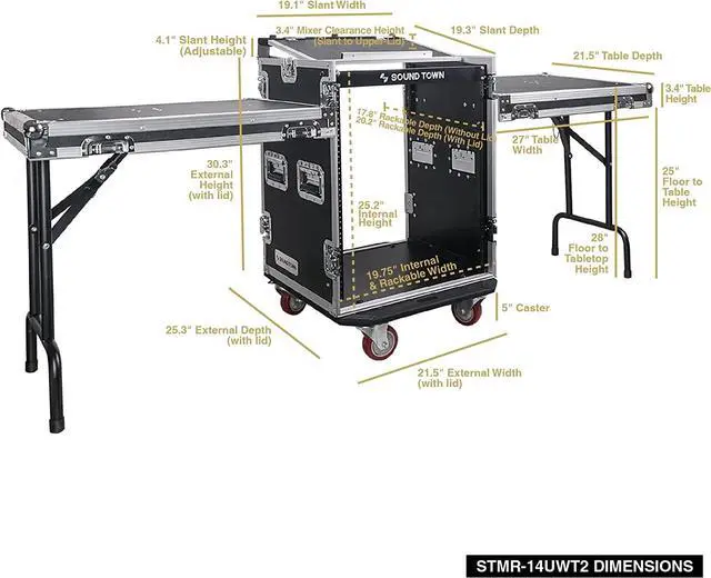 Alt view image 4 of 7 - Sound Town PA DJ Combo with 14U Rack/Road ATA Case w/Slant Mixer Top, 2 DJ Tables and Casters, One 10 Outlet AC Power Conditioner/Sequencer (STMR-14T2PS10)