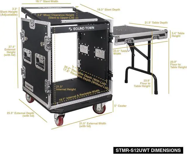 Alt view image 4 of 7 - Sound Town 12U PA DJ Pro Audio Rack/Road ATA Case with 11U Slant Mixer Top, Locking Drawer, Side Table, 20’’ Rackable Depth and Casters (STMR-12TD2)