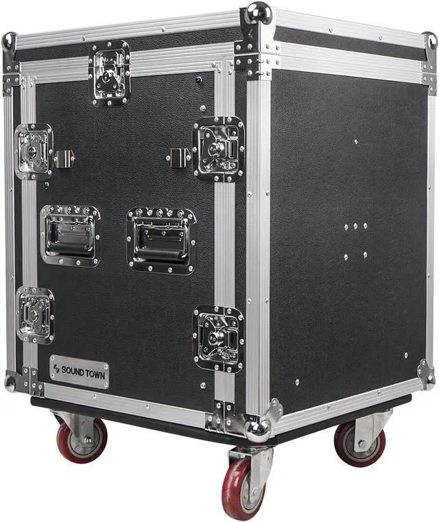 Alt view image 2 of 7 - Sound Town 12U PA DJ Pro Audio Rack/Road ATA Case with 11U Slant Mixer Top, Locking Drawer, Side Table, 20’’ Rackable Depth and Casters (STMR-12TD2)