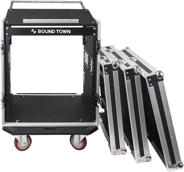 Alt view image 3 of 7 - Sound Town 12U PA DJ Pro Audio Rack/Road ATA Case with 11U Slant Mixer Top, Locking Drawer, Side Table, 20’’ Rackable Depth and Casters (STMR-12TD2)