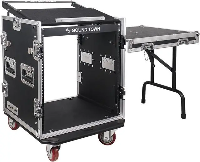 Main image of Sound Town 12U PA DJ Pro Audio Rack/Road ATA Case with 11U Slant Mixer Top, Locking Drawer, Side Table, 20’’ Rackable Depth and Casters (STMR-12TD2)
