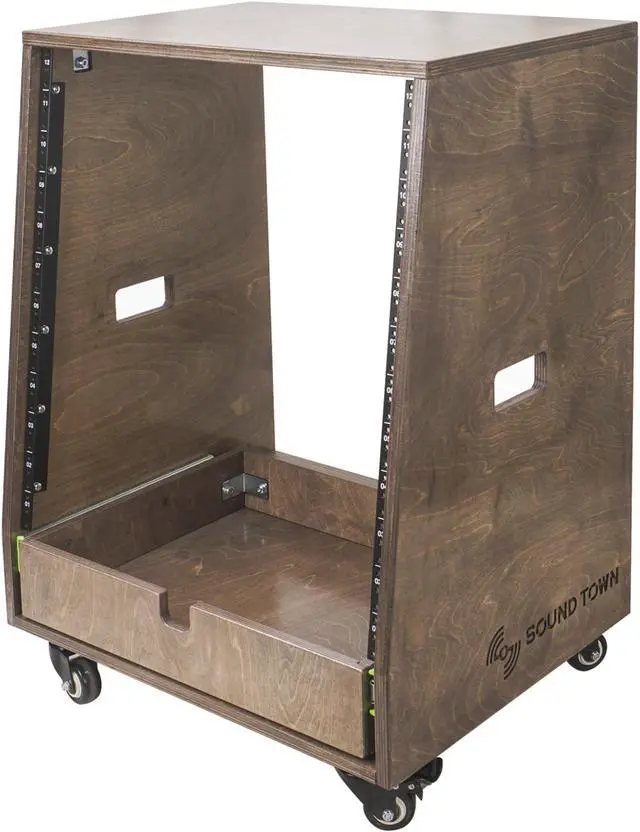 Alt view image 3 of 7 - Sound Town 12U DIY Slanted Studio Rack with 12U Rack Space, Extra 2U Drawer, Plywood, Rubber Feet, Casters, Weathered Gray (SDRK-12TBD2)