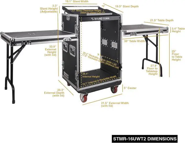 Alt view image 5 of 5 - Sound Town 16U PA DJ Rack/Road ATA Case with 11U Slant Mixer Top, 20" Rackable Depth, 2 DJ Work Tables and Casters, Pro Tour Grade (STMR-16UWT2)