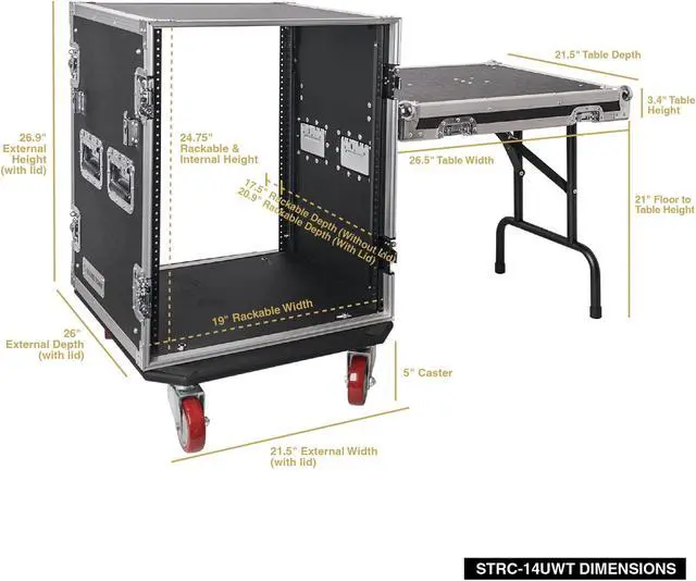 Alt view image 7 of 7 - Sound Town 14U PA/DJ Rack/Road Case, 14-Space, with 17" Depth, DJ Work Table, Casters, Plywood, Metal Ball Corners (STRC-14UWT)