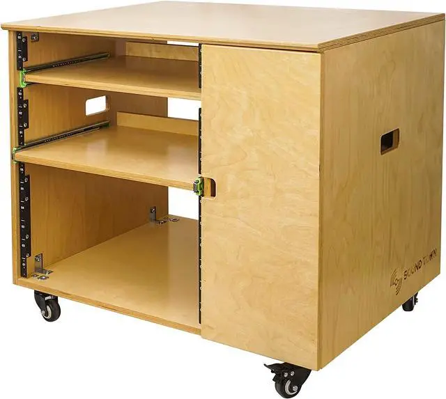 Alt view image 3 of 7 - Sound Town DIY 11U Plywood Studio Rack with Slide-Out Trays, Cabinet, Casters, Golden Oak, for Recording Room, Home Studio (SDRK-CR11)