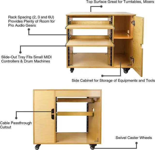 Alt view image 5 of 7 - Sound Town DIY 11U Plywood Studio Rack with Slide-Out Trays, Cabinet, Casters, Golden Oak, for Recording Room, Home Studio (SDRK-CR11)
