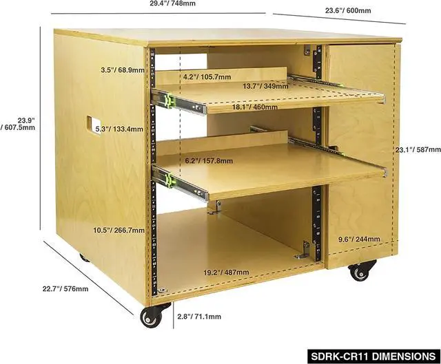 Alt view image 6 of 7 - Sound Town DIY 11U Plywood Studio Rack with Slide-Out Trays, Cabinet, Casters, Golden Oak, for Recording Room, Home Studio (SDRK-CR11)