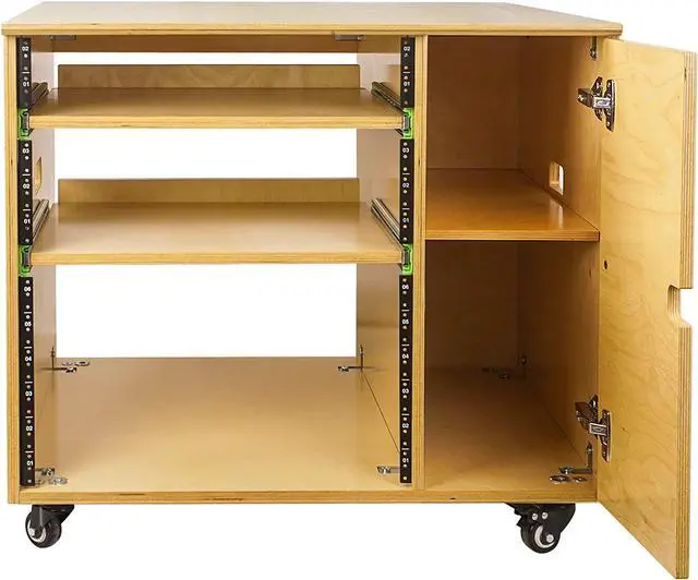 Alt view image 2 of 7 - Sound Town DIY 11U Plywood Studio Rack with Slide-Out Trays, Cabinet, Casters, Golden Oak, for Recording Room, Home Studio (SDRK-CR11)