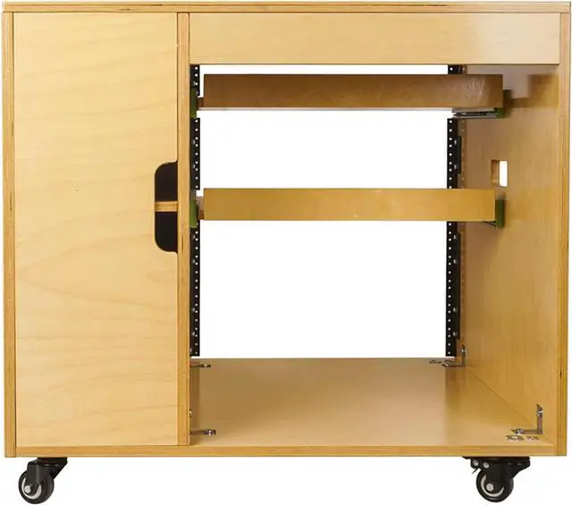 Alt view image 4 of 7 - Sound Town DIY 11U Plywood Studio Rack with Slide-Out Trays, Cabinet, Casters, Golden Oak, for Recording Room, Home Studio (SDRK-CR11)