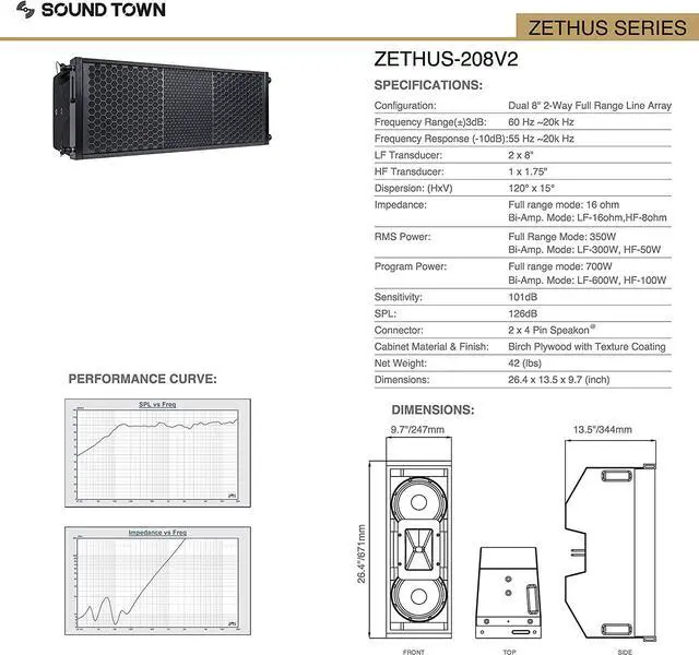 Alt view image 6 of 7 - Sound Town ZETHUS Four Dual 8-inch Line Array Speaker and Professional Amplifier System Combo Set, Full Range/Bi-amp Switchable, Black (ZETHUS-208X4A6)
