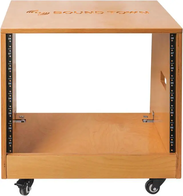 Alt view image 3 of 6 - Sound Town DIY Slanted 8U Studio Rack, Plywood, Golden Oak, Rubber Feet, Casters (SDRK-8T)
