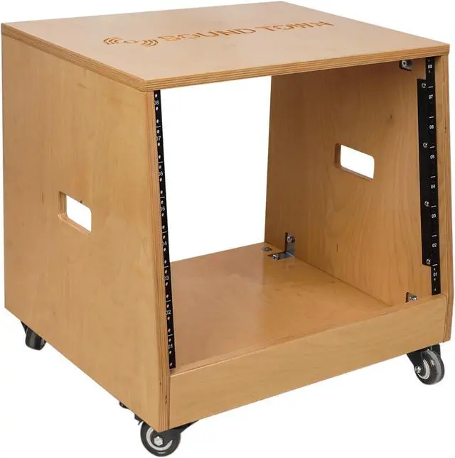 Alt view image 2 of 6 - Sound Town DIY Slanted 8U Studio Rack, Plywood, Golden Oak, Rubber Feet, Casters (SDRK-8T)