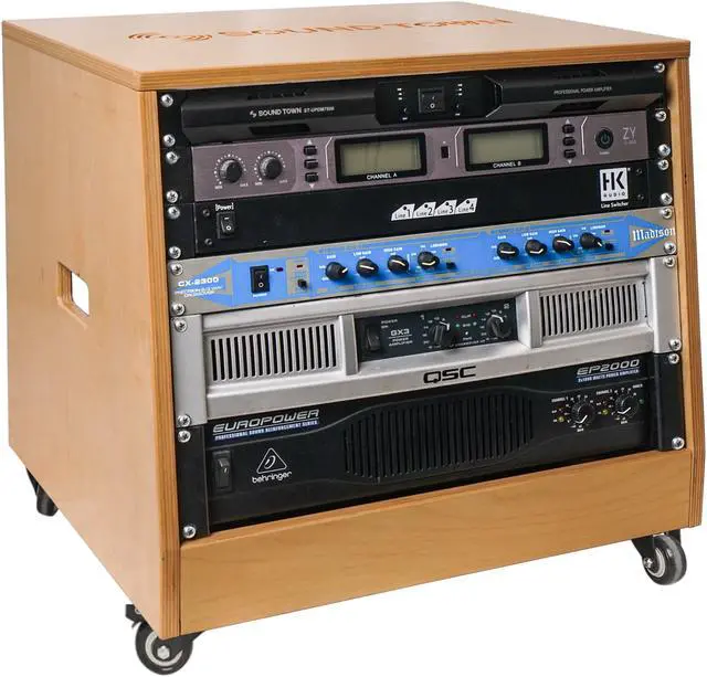 Main image of Sound Town DIY Slanted 8U Studio Rack, Plywood, Golden Oak, Rubber Feet, Casters (SDRK-8T)