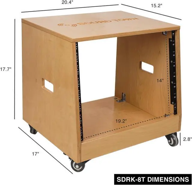 Alt view image 5 of 6 - Sound Town DIY Slanted 8U Studio Rack, Plywood, Golden Oak, Rubber Feet, Casters (SDRK-8T)
