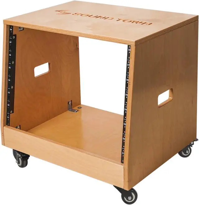 Alt view image 4 of 6 - Sound Town DIY Slanted 8U Studio Rack, Plywood, Golden Oak, Rubber Feet, Casters (SDRK-8T)