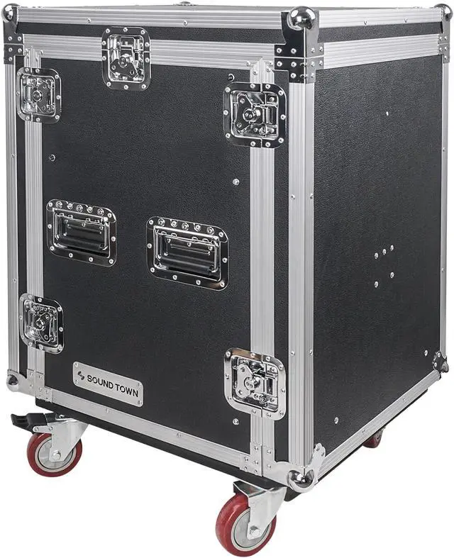 Main image of Sound Town 14U PA DJ Pro Audio Rack/Road ATA Case with 11U Slant Mixer Top, Locking Drawer, 20’’ Rackable Depth and Casters (STMR-14D3)