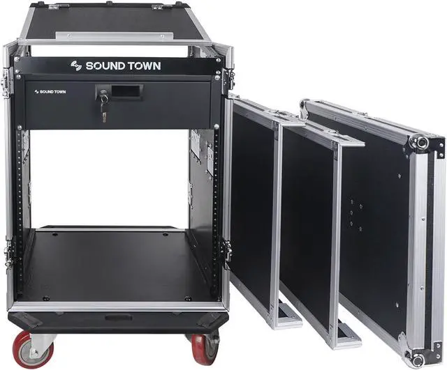 Alt view image 3 of 5 - Sound Town 14U PA DJ Pro Audio Rack/Road ATA Case with 11U Slant Mixer Top, Locking Drawer, 20’’ Rackable Depth and Casters (STMR-14D3)