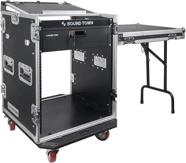 Main image of Sound Town 14U PA DJ Pro Audio Rack/Road ATA Case with 11U Slant Mixer Top, Locking Drawer, Side Table, 20’’ Rackable Depth and Casters (STMR-14TD3)