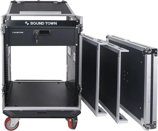 Alt view image 3 of 5 - Sound Town 14U PA DJ Pro Audio Rack/Road ATA Case with 11U Slant Mixer Top, Locking Drawer, Side Table, 20’’ Rackable Depth and Casters (STMR-14TD3)