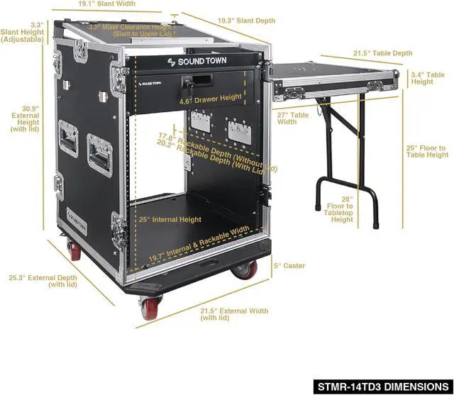 Alt view image 5 of 5 - Sound Town 14U PA DJ Pro Audio Rack/Road ATA Case with 11U Slant Mixer Top, Locking Drawer, Side Table, 20’’ Rackable Depth and Casters (STMR-14TD3)