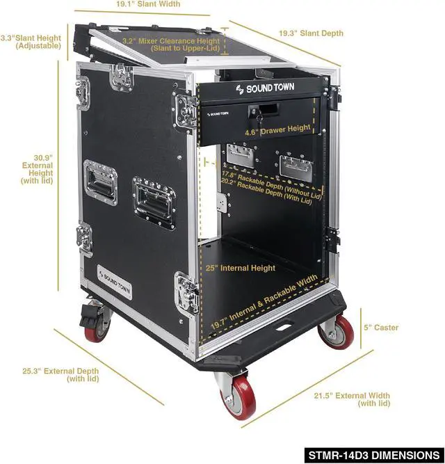 Alt view image 4 of 5 - Sound Town 14U PA DJ Pro Audio Rack/Road ATA Case with 11U Slant Mixer Top, Locking Drawer, 20’’ Rackable Depth and Casters (STMR-14D3)