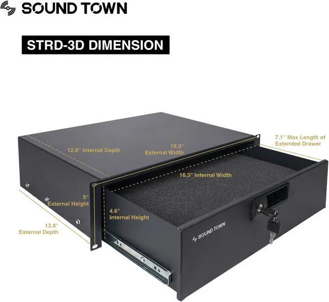 Alt view image 4 of 5 - Sound Town 14U PA DJ Pro Audio Rack/Road ATA Case with 11U Slant Mixer Top, Locking Drawer, Side Table, 20’’ Rackable Depth and Casters (STMR-14TD3)
