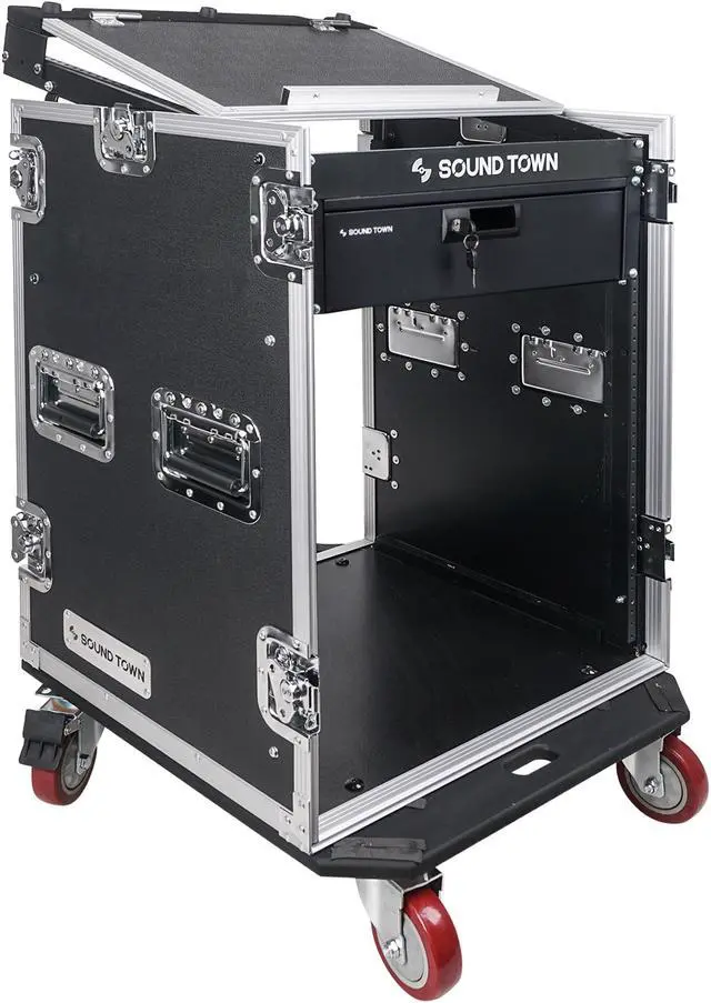 Alt view image 2 of 5 - Sound Town 14U PA DJ Pro Audio Rack/Road ATA Case with 11U Slant Mixer Top, Locking Drawer, 20’’ Rackable Depth and Casters (STMR-14D3)