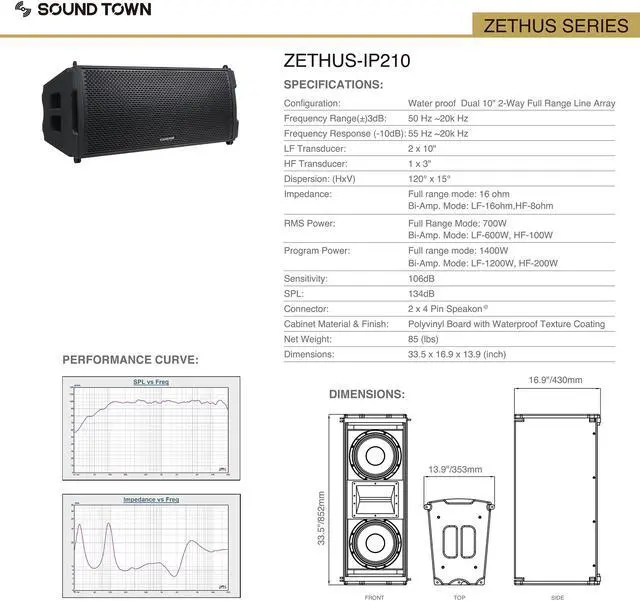 Alt view image 7 of 7 - Sound Town Dual 10" Water-Resistant Passive Line Array Loudspeaker, Full Range/Bi-Amp Switchable, Black (ZETHUS-IP210)