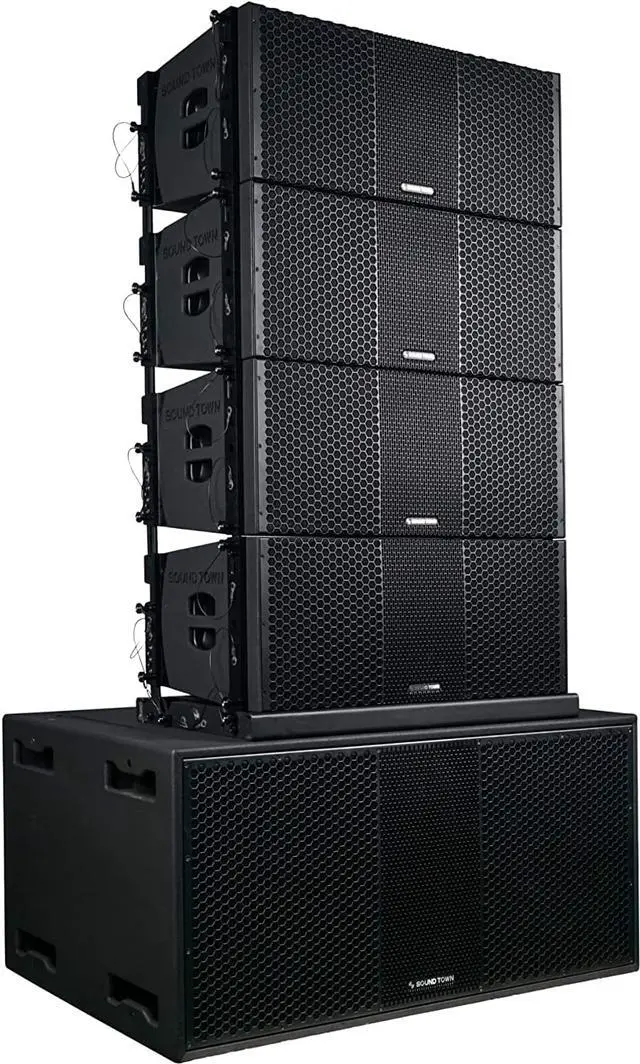 Main image of Sound Town ZETHUS Series Line Array Speaker System with One Dual 18-inch Subwoofer, Four Compact Dual 10-inch PA Speakers, One Stack Adapter, Black (ZETHUS-218S210X4)