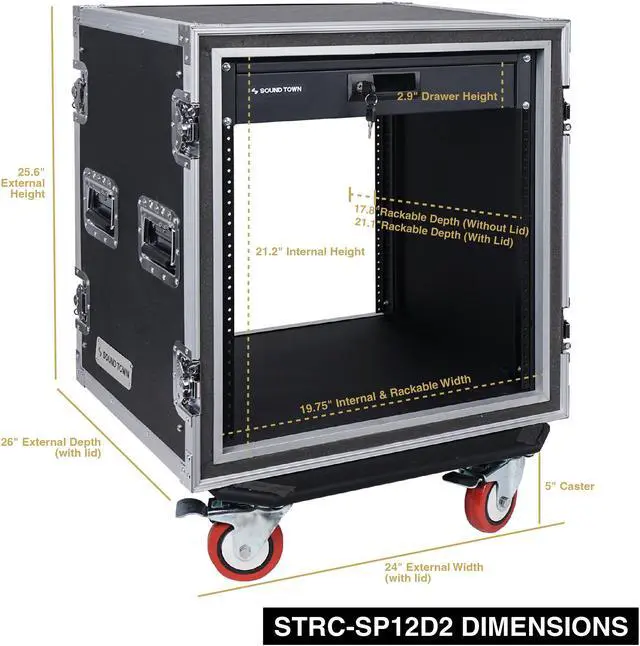 Alt view image 4 of 6 - Sound Town Shock Mount 12U ATA Rack Case with 2U Drawer, 21 Rackable Depth, Casters - Pro Tour Grade (STRC-SP12D2)