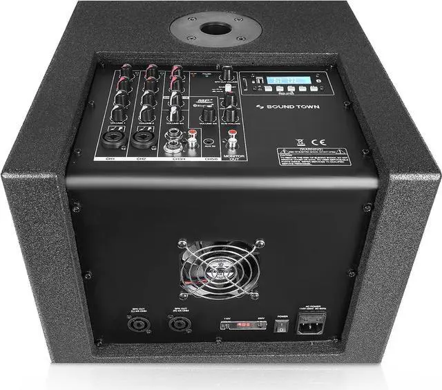 Alt view image 3 of 6 - Sound Town 1400 Watts 12" Powered PA/DJ Subwoofer 2.1 Channel w/ 2 Speaker Outputs, Folded Horn Design, Built-in Mixer, Plywood, Black (CARPO-M12DS)