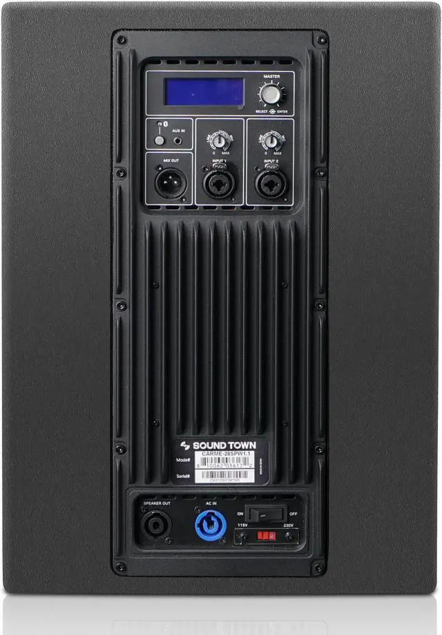 Alt view image 6 of 7 - Sound Town Line Array Speaker System with One 2x8 Powered Subwoofer w/DSP and Speaker Output, Two 6x3 Line Array Speakers, Black (CARME-28M3)