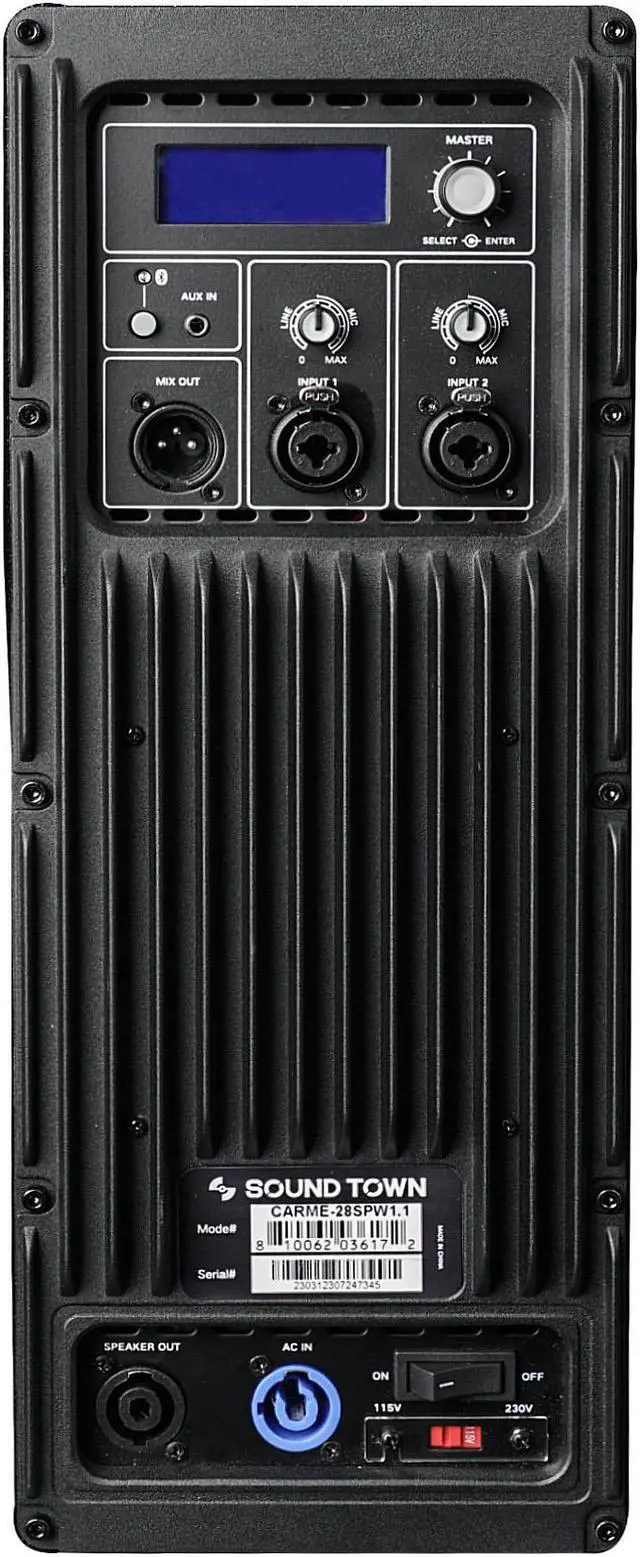 Alt view image 7 of 7 - Sound Town Line Array Column PA/DJ Speaker System with One 2 x 8" Powered Subwoofer w/ DSP,  TWS Bluetooth and Speaker Output, One 6 x 3" Line Array Column Speaker, Black (CARME-28M64)