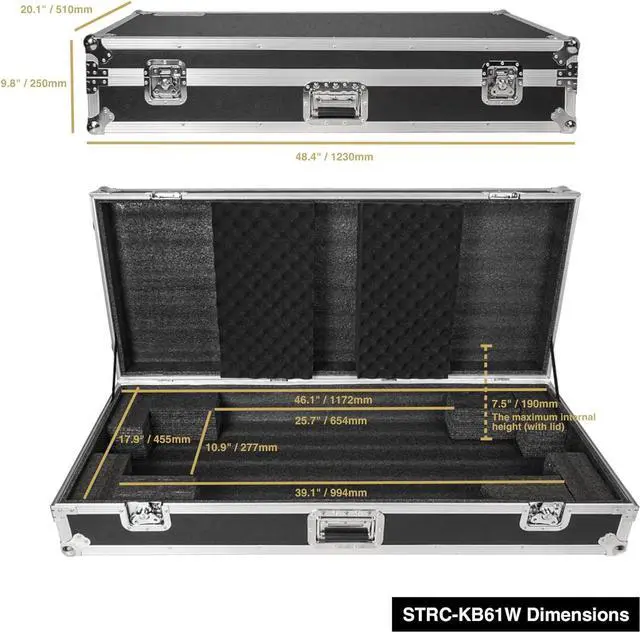 Alt view image 7 of 7 - Sound Town Plywood 61-Note Keyboard ATA Flight Case, with Recessed Wheels, Handles and Latches, High-density Foam Interior (STRC-KB61W)