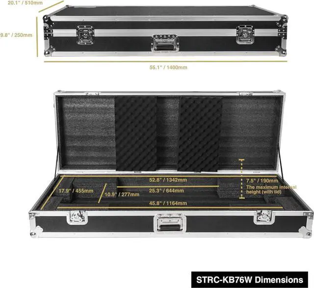 Alt view image 7 of 7 - Sound Town Plywood 76-Note Keyboard ATA Flight Case, with Recessed Wheels, Handles and Latches, High-density Foam Interior (STRC-KB76W)
