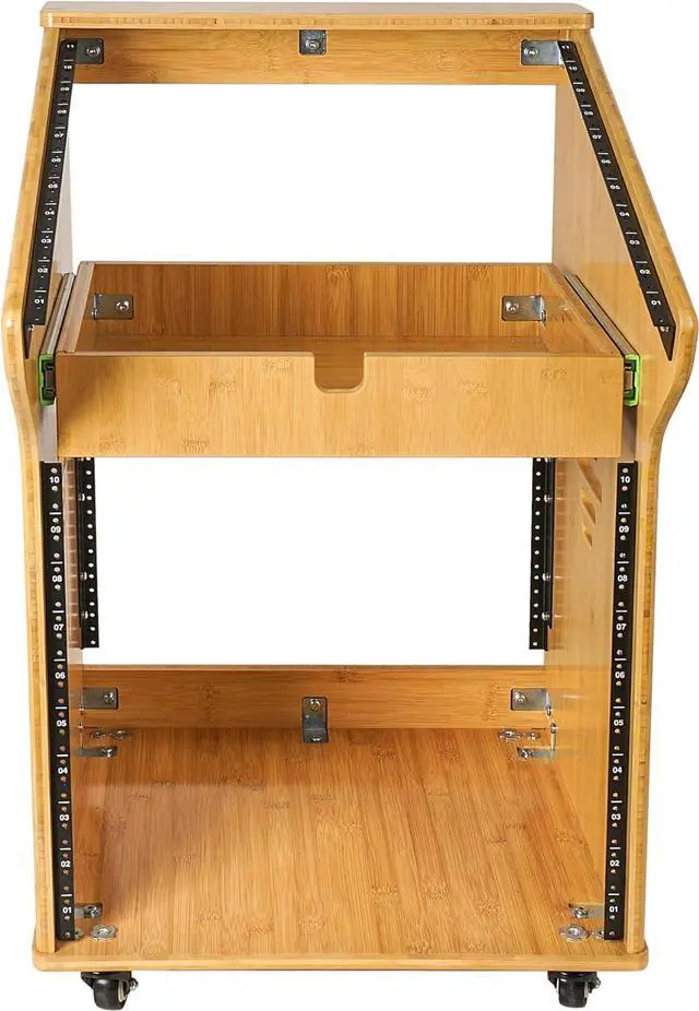 Alt view image 3 of 5 - Sound Town DIY Solid Carbonized Bamboo Studio Rack with 11U Slant Mixer Top, 10U Front, 2U Drawer, Rubber Feet, Casters, for Recording Room, PA/DJ Equipment, Home-Audio (STBR-M11X10)