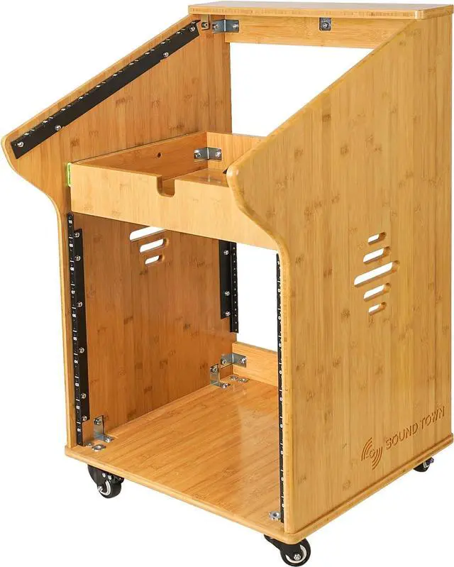 Alt view image 2 of 5 - Sound Town DIY Solid Carbonized Bamboo Studio Rack with 11U Slant Mixer Top, 10U Front, 2U Drawer, Rubber Feet, Casters, for Recording Room, PA/DJ Equipment, Home-Audio (STBR-M11X10)