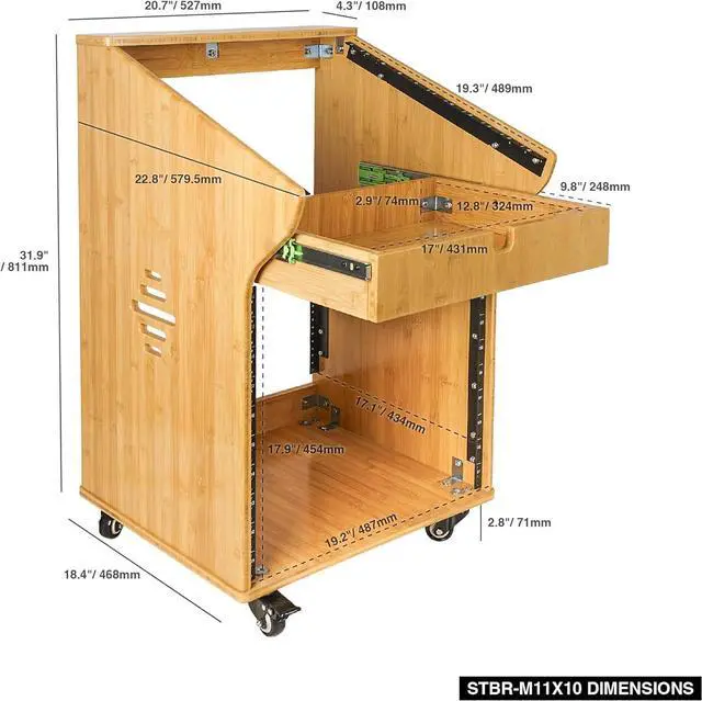 Alt view image 5 of 5 - Sound Town DIY Solid Carbonized Bamboo Studio Rack with 11U Slant Mixer Top, 10U Front, 2U Drawer, Rubber Feet, Casters, for Recording Room, PA/DJ Equipment, Home-Audio (STBR-M11X10)