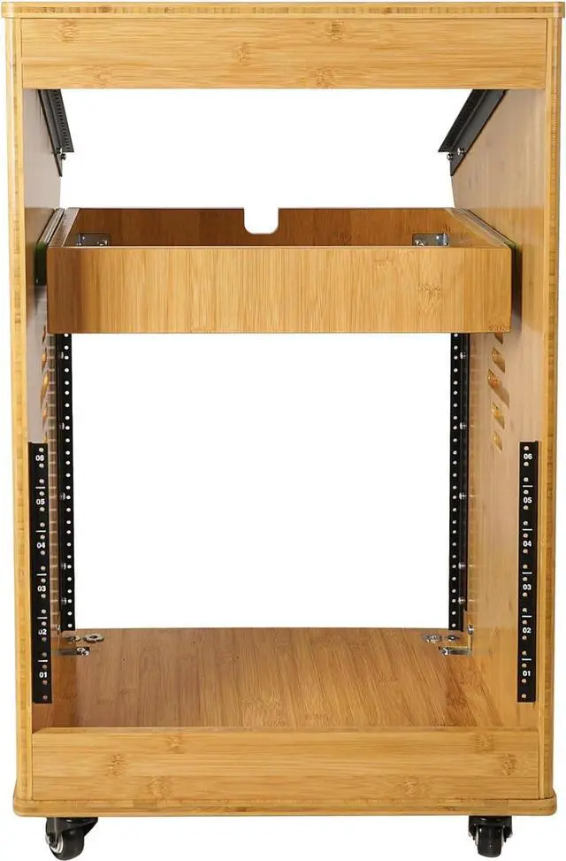 Alt view image 4 of 5 - Sound Town DIY Solid Carbonized Bamboo Studio Rack with 11U Slant Mixer Top, 10U Front, 2U Drawer, Rubber Feet, Casters, for Recording Room, PA/DJ Equipment, Home-Audio (STBR-M11X10)