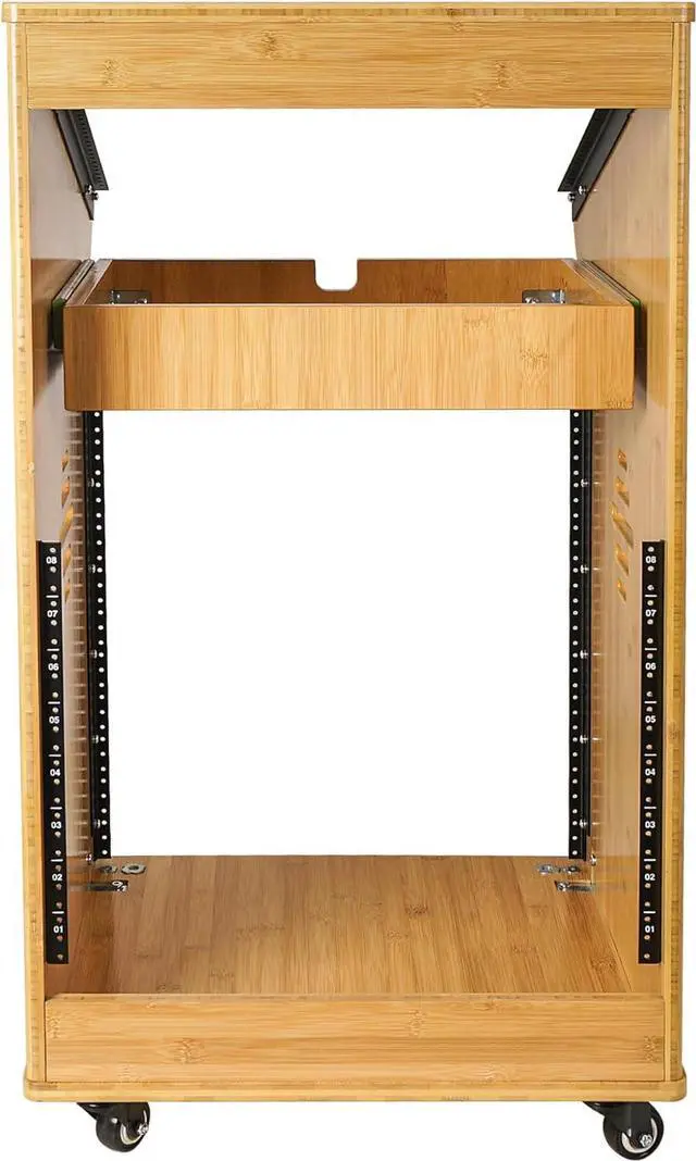 Alt view image 4 of 5 - Sound Town DIY Solid Carbonized Bamboo Studio Rack with 11U Slant Mixer Top, 12U Front, 2U Drawer, Rubber Feet, Casters, for Recording Room, PA/DJ Equipment, Home-Audio (STBR-M11X12)