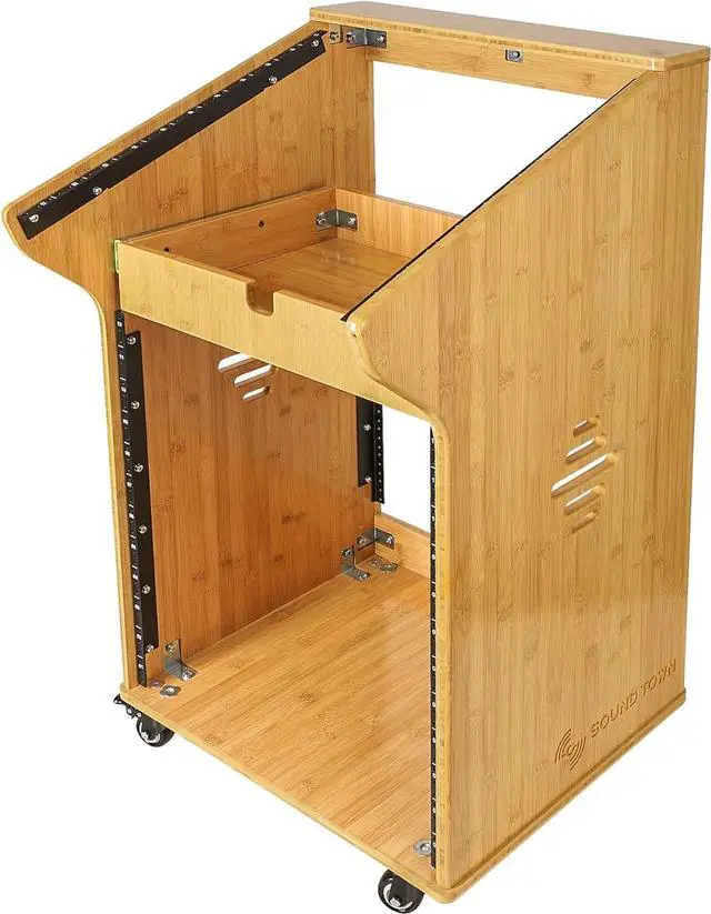 Alt view image 2 of 5 - Sound Town DIY Solid Carbonized Bamboo Studio Rack with 11U Slant Mixer Top, 12U Front, 2U Drawer, Rubber Feet, Casters, for Recording Room, PA/DJ Equipment, Home-Audio (STBR-M11X12)