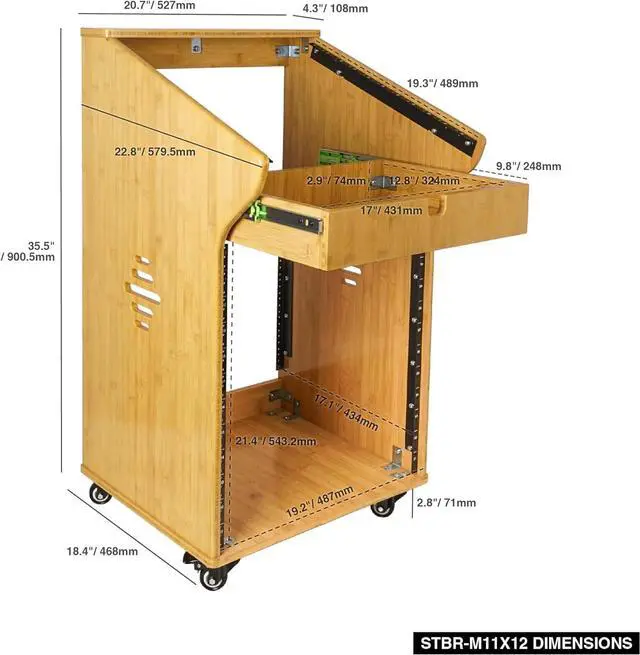 Alt view image 5 of 5 - Sound Town DIY Solid Carbonized Bamboo Studio Rack with 11U Slant Mixer Top, 12U Front, 2U Drawer, Rubber Feet, Casters, for Recording Room, PA/DJ Equipment, Home-Audio (STBR-M11X12)
