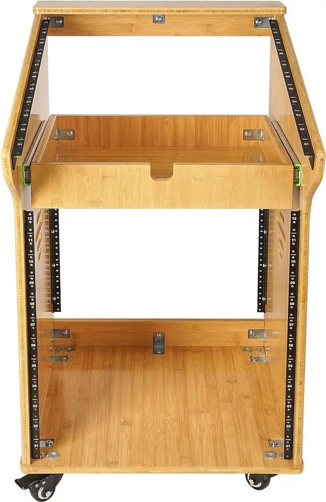 Alt view image 3 of 5 - Sound Town DIY Solid Carbonized Bamboo Studio Rack with 11U Slant Mixer Top, 12U Front, 2U Drawer, Rubber Feet, Casters, for Recording Room, PA/DJ Equipment, Home-Audio (STBR-M11X12)