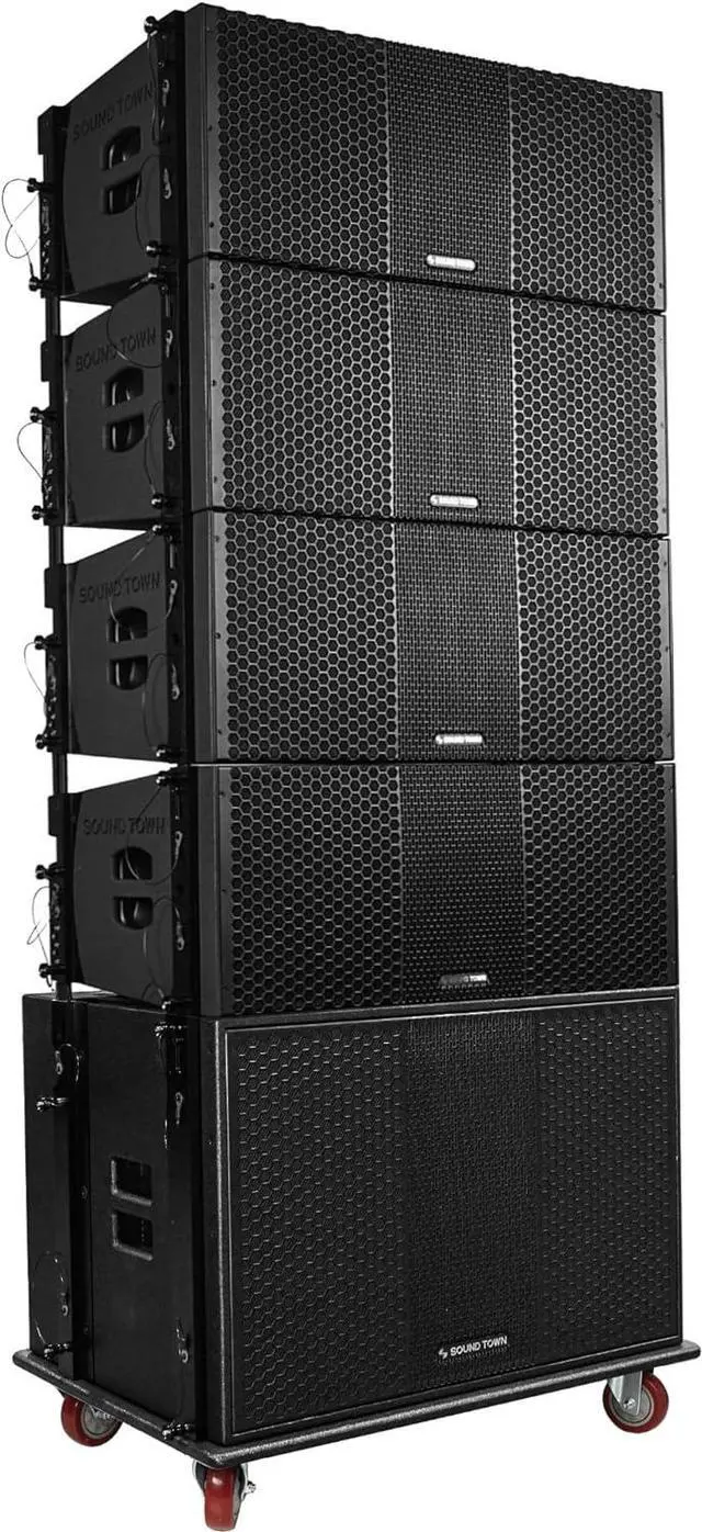 Main image of Sound Town ZETHUS Series Passive Line Array Speaker System with One 18-inch Line Array Subwoofer, Four Dual 10-inch Line Array Speakers, One Caster Board, Black (ZS-118S210X4OC)
