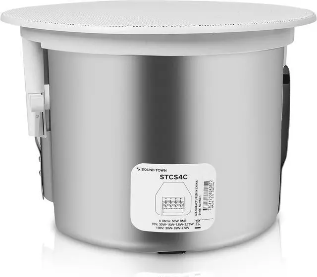 Alt view image 4 of 6 - Sound Town Pair of 4.5" Coaxial in-Ceiling Speakers with Metal Backcan and Tile Rails, 70V/100V/8-Ohm Switchable, Magnetic Grill, White (STCS4C-PAIR)