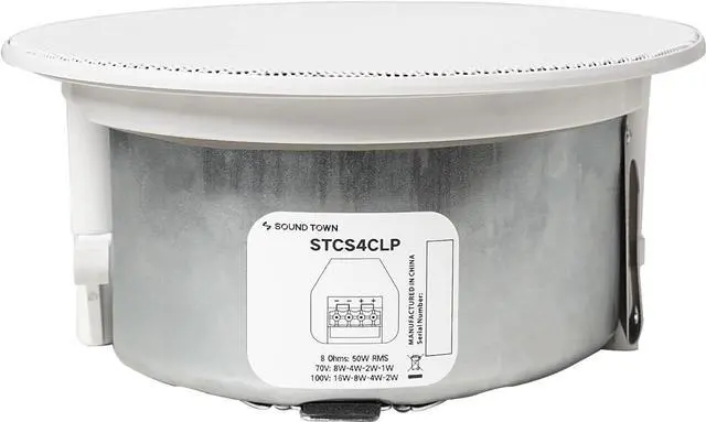 Alt view image 4 of 6 - Sound Town Pair of 4.5" Coaxial in-Ceiling Speakers with Low-Profile Design, Metal Backcan and Tile Rails, 70V/100V/8-Ohm Switchable, Magnetic Grill, White (STCS4CLP-PAIR)