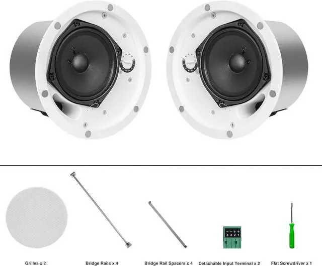 Alt view image 6 of 6 - Sound Town Pair of 6.5" Coaxial in-Ceiling Speakers with Metal Backcan and Tile Rails, 70V/100V/8-Ohm Switchable, Magnetic Grill, White (STCS6C-PAIR)