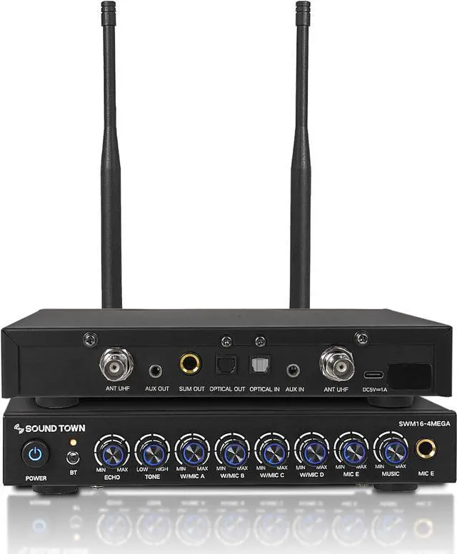 Alt view image 3 of 7 - Sound Town 200 Channels Wireless Microphone Karaoke Mixer System, with 4 Metal Handheld Microphones, Optical (Toslink), AUX, for Smart TV, Home Theater, Sound Bar (SWM16-4MEGA)