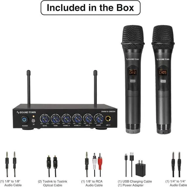 Alt view image 5 of 7 - Sound Town 100 Channels Wireless Microphone Karaoke Mixer System with 2 Metal Handheld Microphones, Optical (Toslink), AUX, for Smart TV, Home Theater, Sound Bar (SWM16-2MEGA)